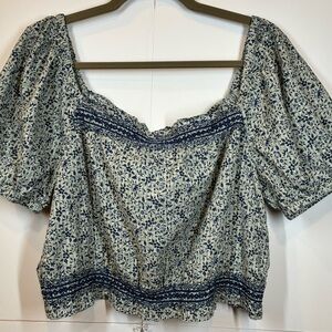 Madewell Blue Ditsy Floral Smocked Puff-Sleeve Peasant Blouse Size Large